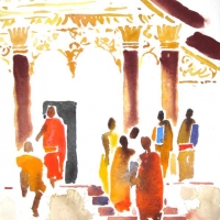 Vor dem Tempel, Laos, 2012